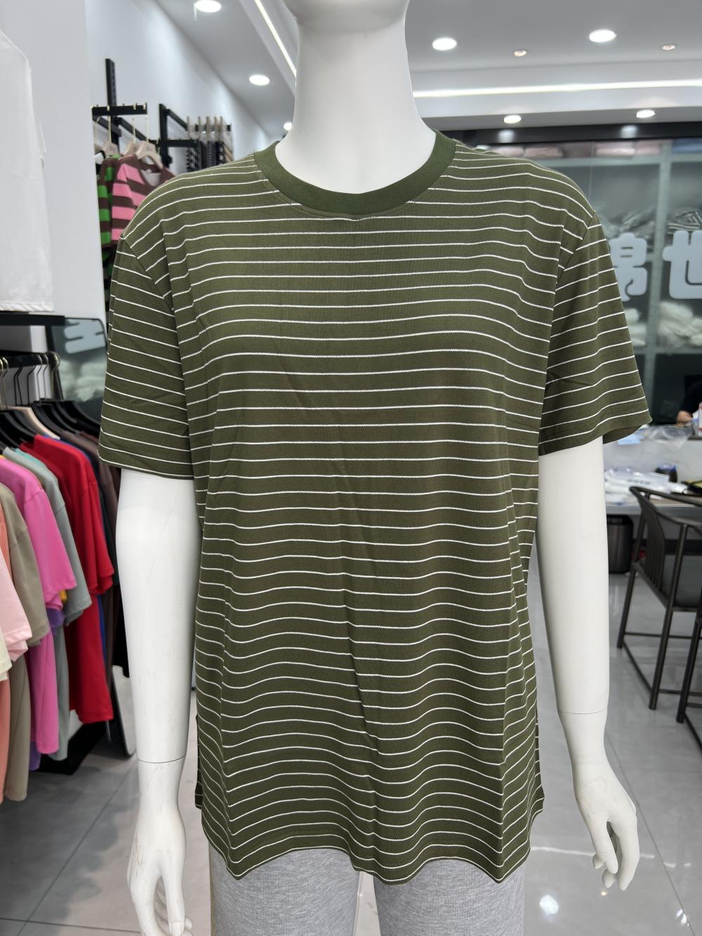 Fine Woven Striped Short Sleeved T-shirt 88601 # Short Sleeved Round Neck