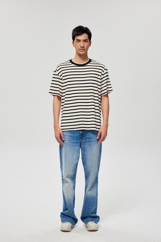 Fine Woven Striped Short Sleeved T-shirt 39391 # Short Sleeved Round Neck