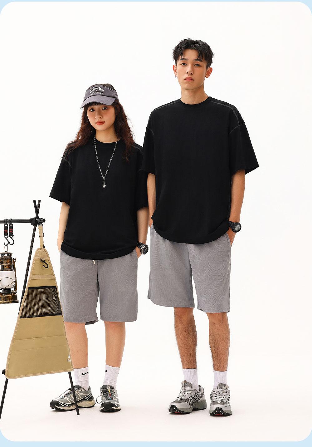 7716 # 32 Double Yarn Contrasting Thread Shoulder Down Round Neck T-shirt Short Sleeved Round Neck