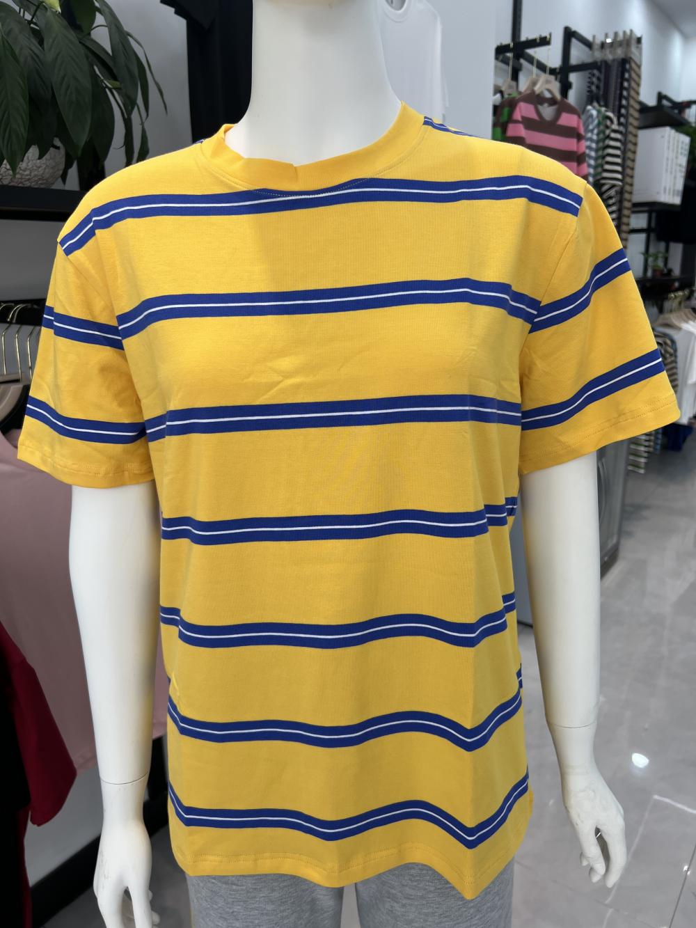 Wide Face Fine Stripe Color Woven Short Sleeved T-shirt 37921 # Short Sleeved Round Neck