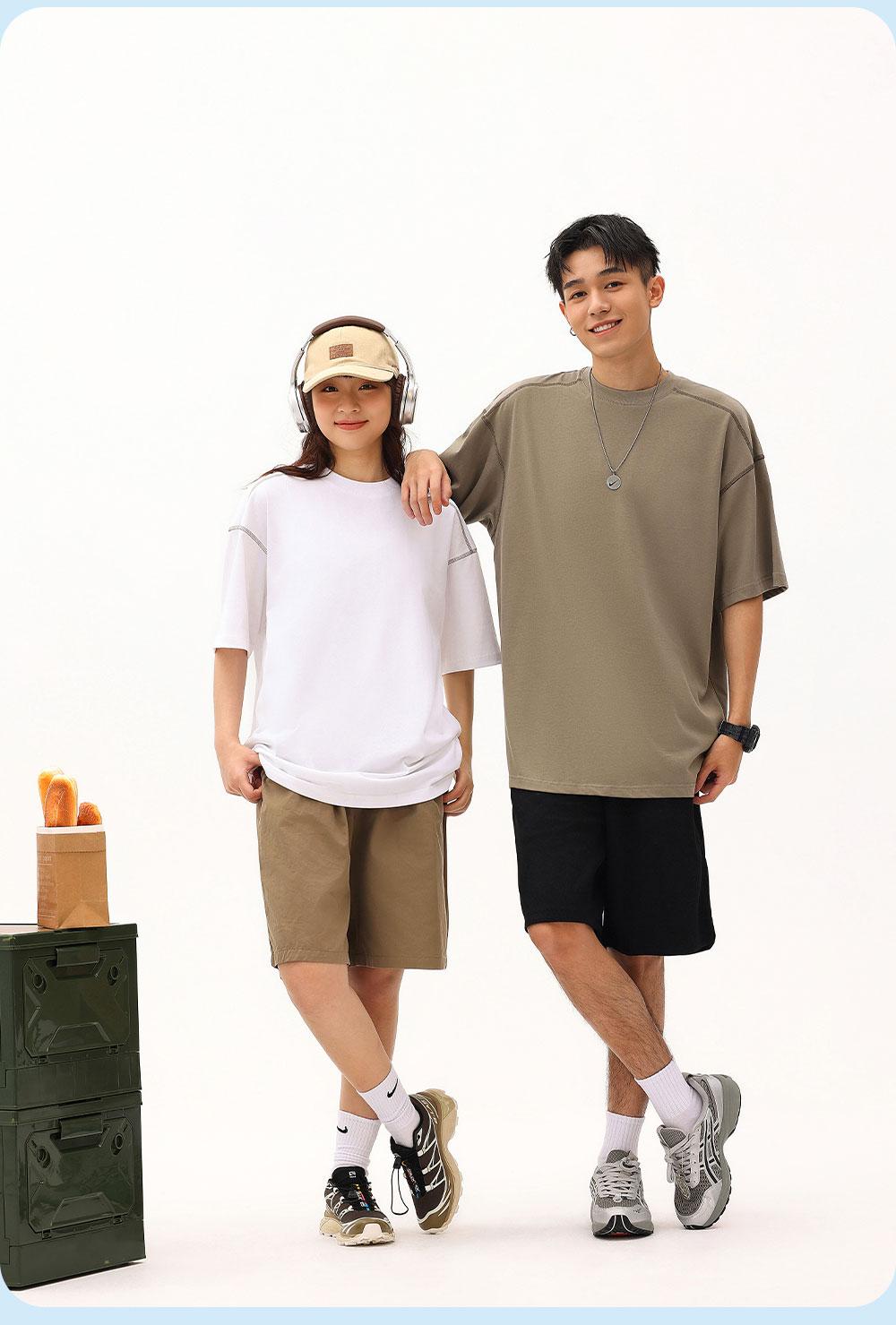 7716 # 32 Double Yarn Contrasting Thread Shoulder Down Round Neck T-shirt Short Sleeved Round Neck