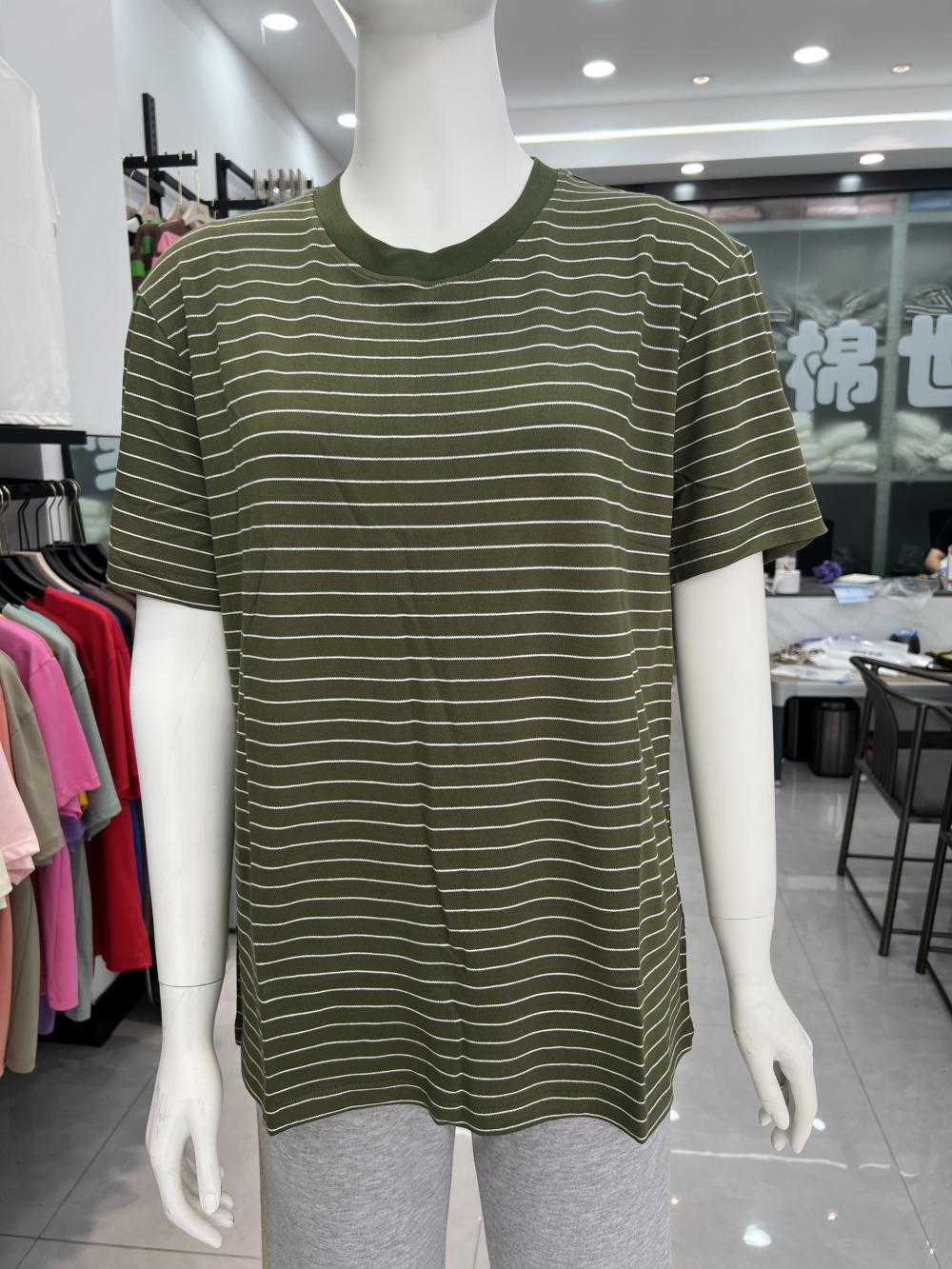 Fine Woven Striped Short Sleeved T-shirt 88601 # Short Sleeved Round Neck