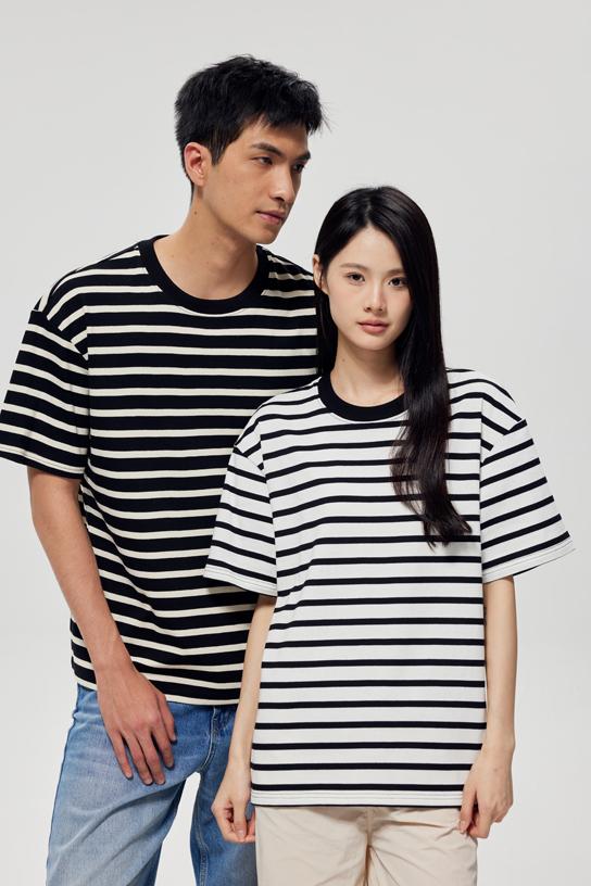 Fine Woven Striped Short Sleeved T-shirt 39391 # Short Sleeved Round Neck