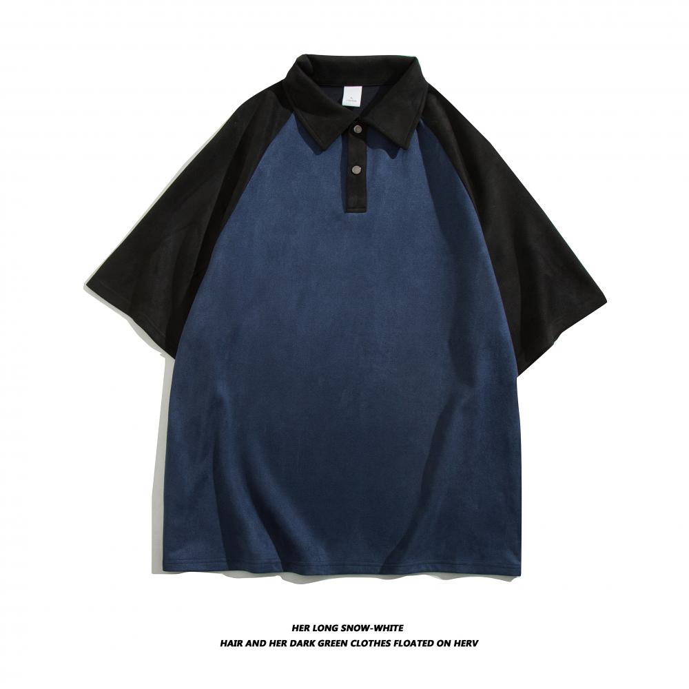 D1008 Suede Raglan Splicing Loose Trendy Brand Lapel Polo Raglan Lapel