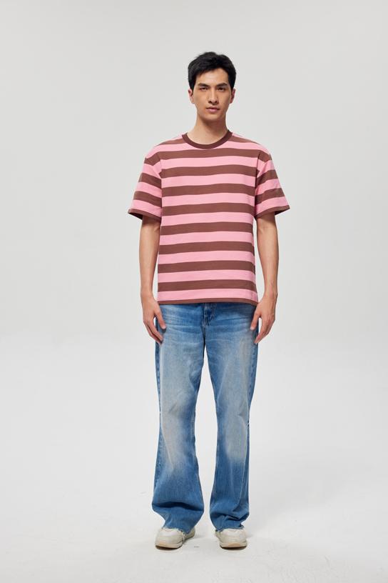 Wide Stripe Color Woven Striped Short Sleeved T-shirt 38951 # Short Sleeved Round Neck