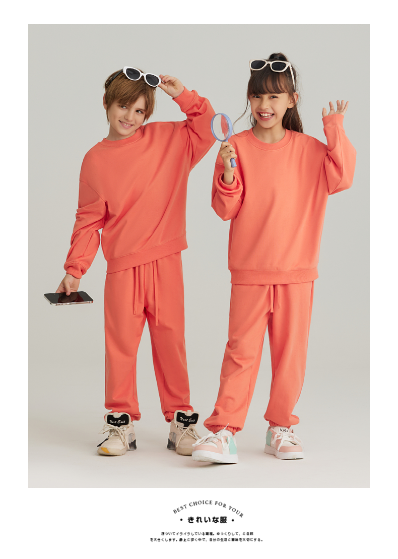 BW13+BK16 330g Spring and Autumn Boys and Girls Cotton Round Neck Sweatshirt and Pants Set