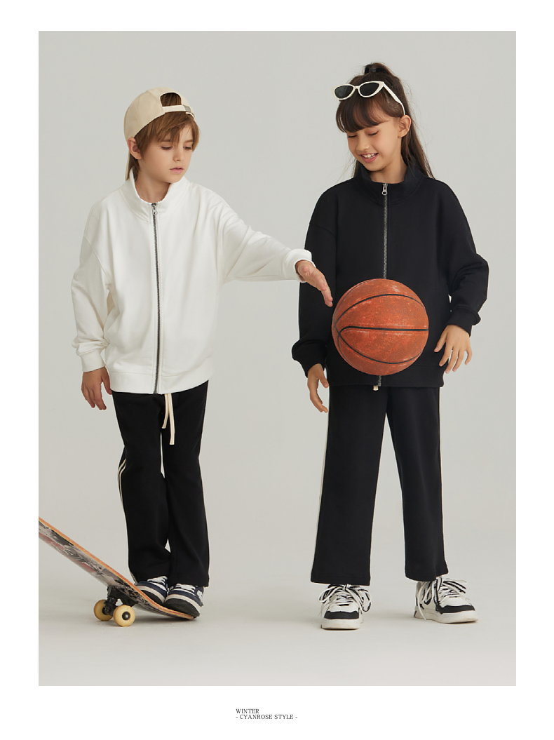 BW25+BK26 Boys and girls spring and autumn stand collar zipper cardigan jacket two stripes sports casual trousers