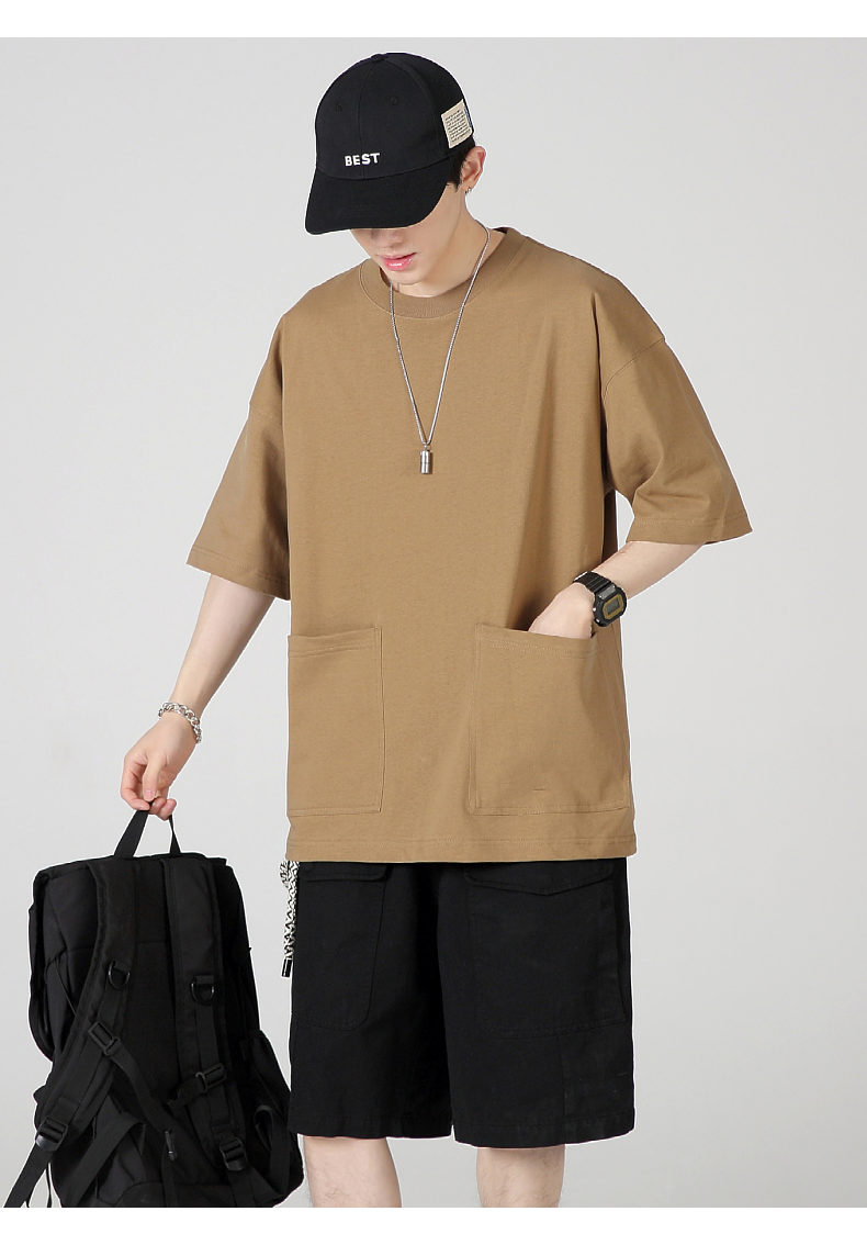 T230-206 230g cotton double pocket wide version drop shoulder half sleeve T-shirt