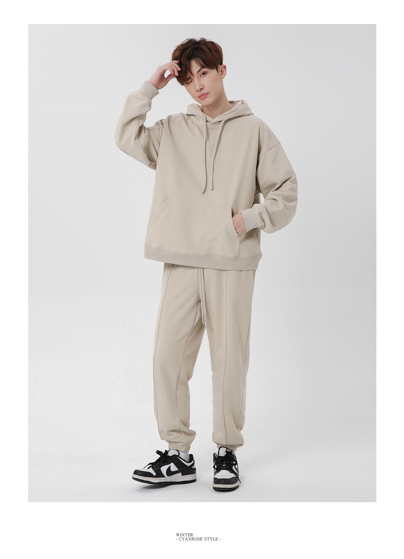 W101+K104 380g carbon brushed hooded terry sweatshirt casual ankle sweatpants set