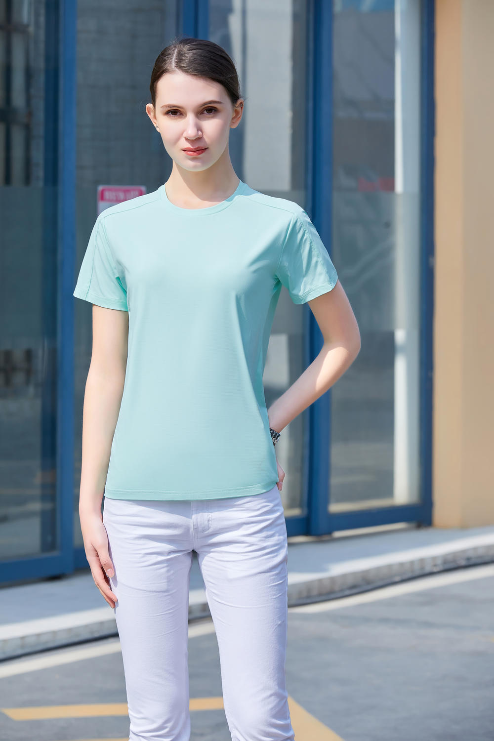 9506 Ice Silk Crystal Grid Nylon Round Neck T-Shirt