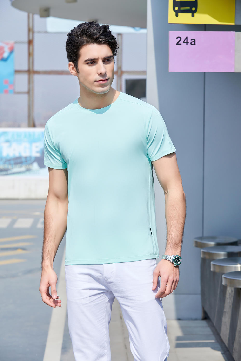 9506 Ice Silk Crystal Grid Nylon Round Neck T-Shirt