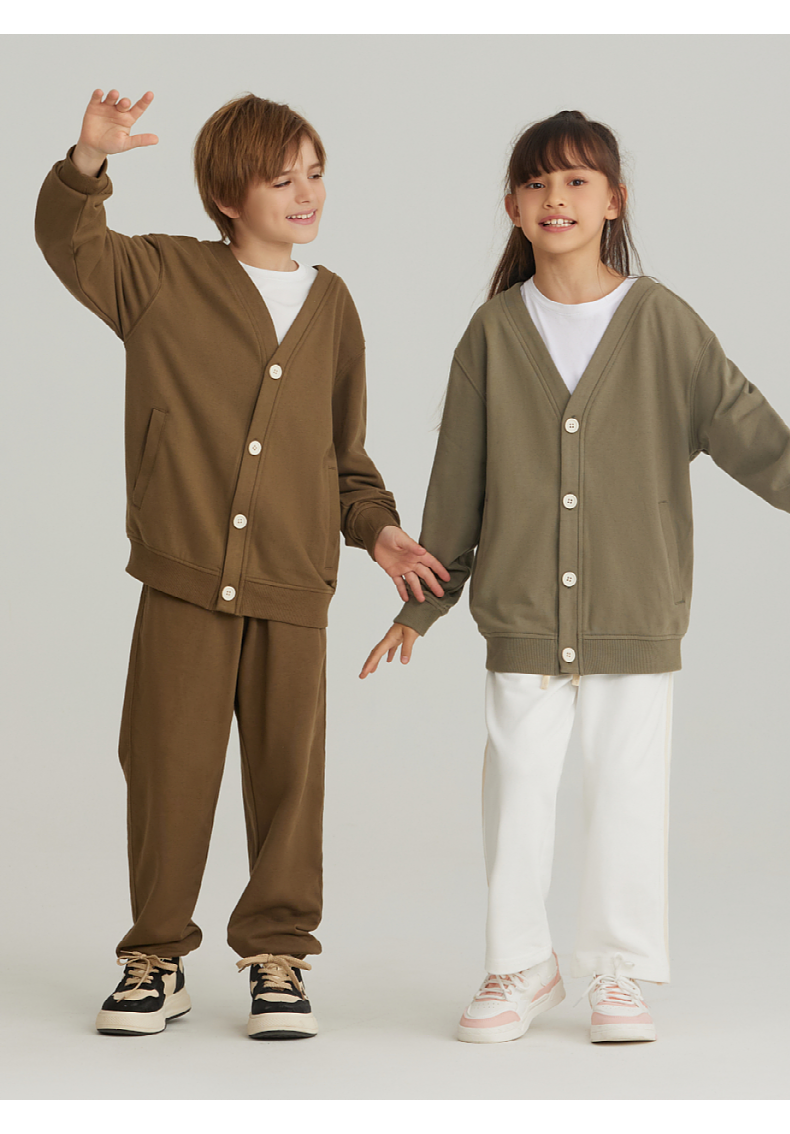 BW23+BK26 Boys and girls button cardigan casual V-neck jacket two-bar sports trousers