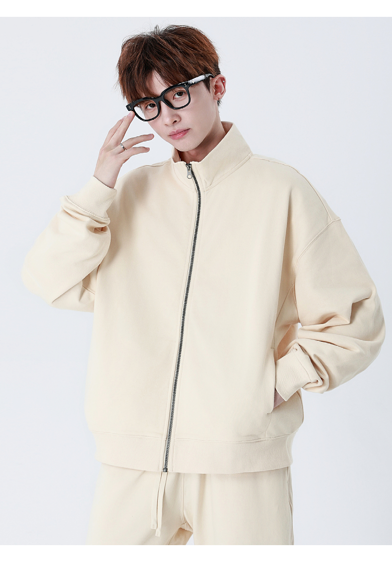 W17 330g pure cotton terry stand collar zipper cardigan jacket casual sweatshirt