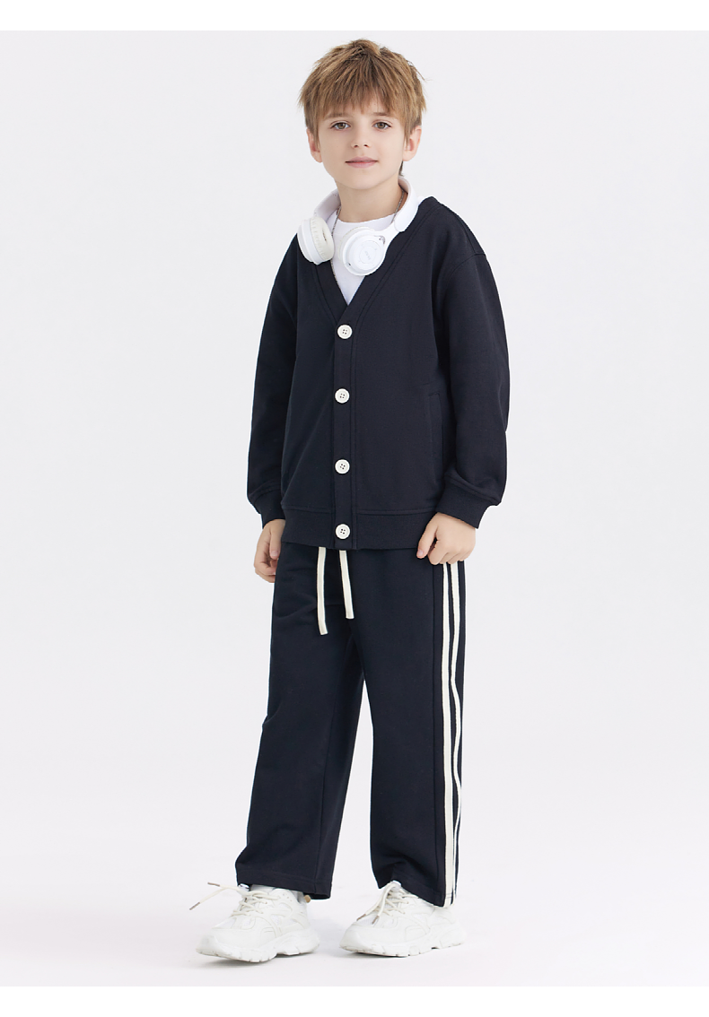 BW23+BK26 Boys and girls button cardigan casual V-neck jacket two-bar sports trousers