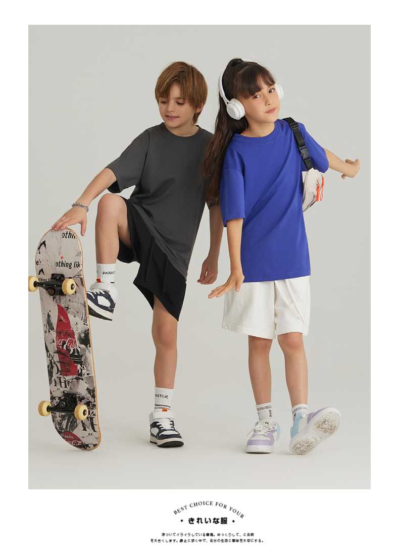 UTB002+BK7 Solona children cool technology loose round neck T-shirt pure cotton terry shorts sweatpants