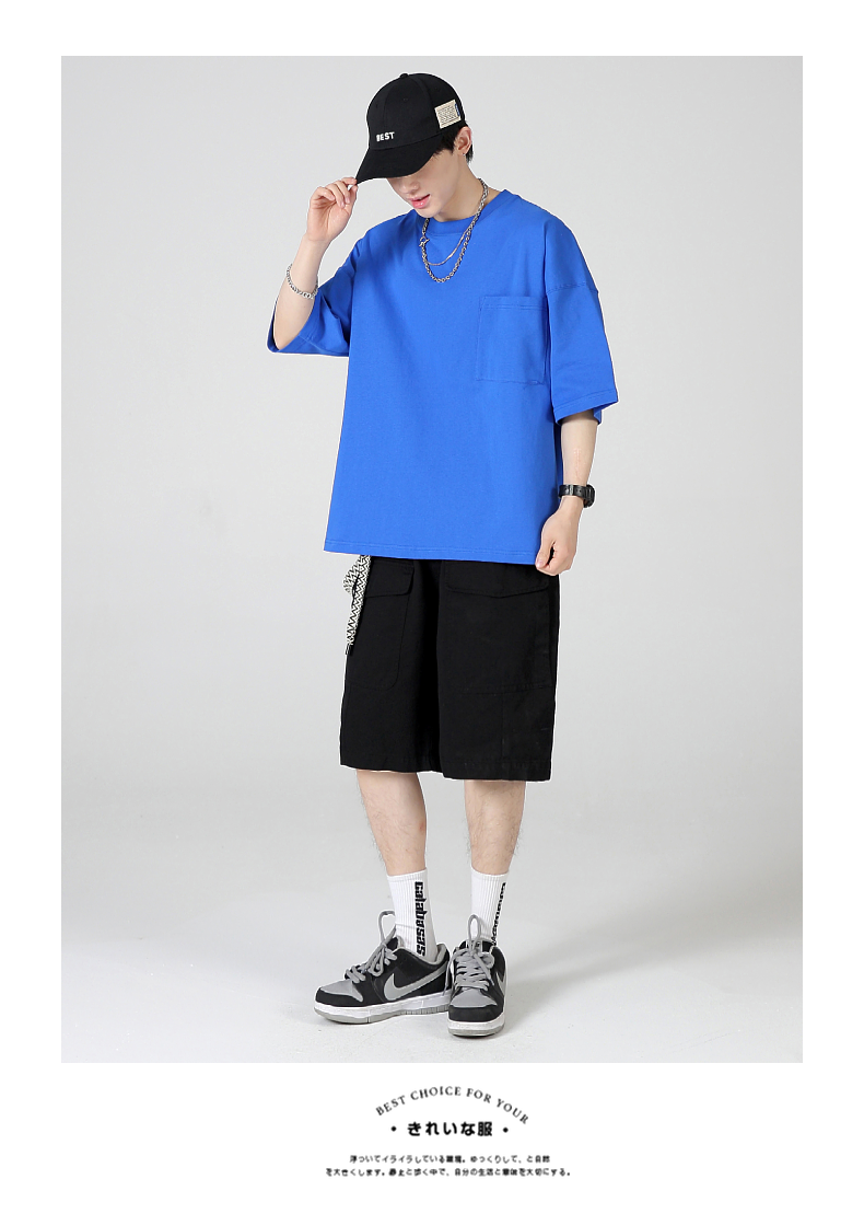 T230-205 230g pure cotton wide version pocket style oversize Hong Kong trend 5-point sleeve