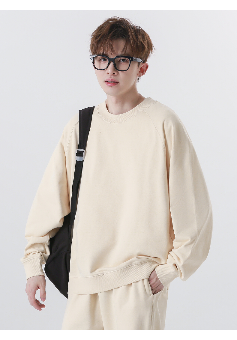 W4 330g pure cotton terry wide ribbed raglan shoulder drop neck sweatshirt