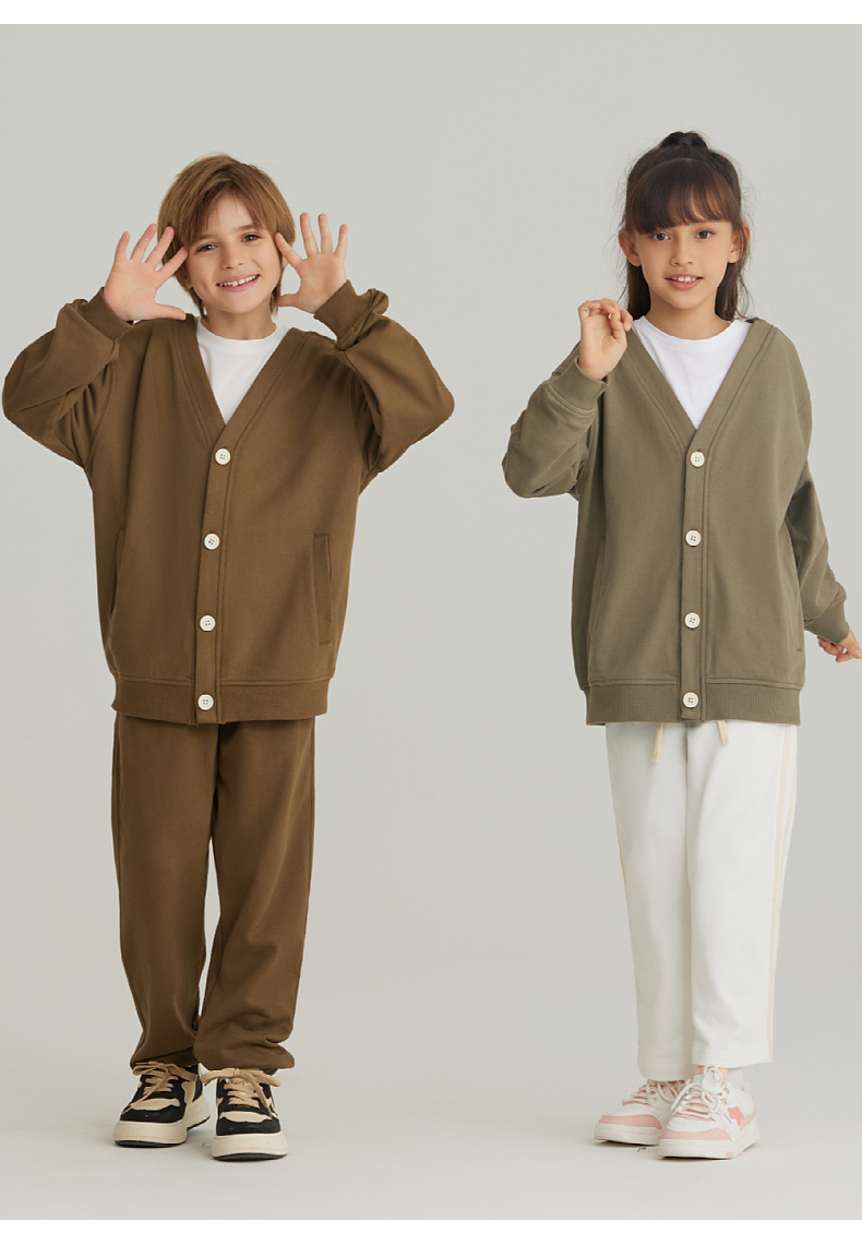 BW23+BK26 Boys and girls button cardigan casual V-neck jacket two-bar sports trousers