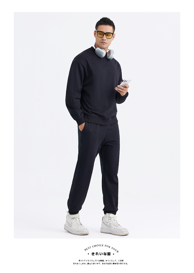 W100+K104 380g carbon brushed terry round neck sweatshirt sports sweatpants set