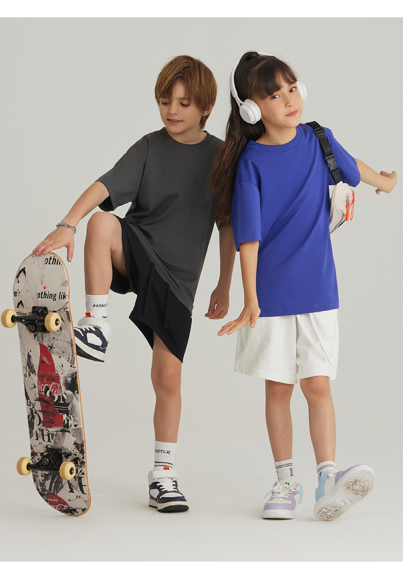 UTB002+BK7 Solona children cool technology loose round neck T-shirt pure cotton terry shorts sweatpants