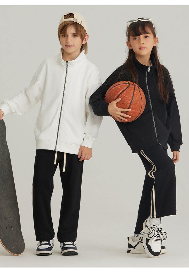 BW25+BK26 Boys and girls spring and autumn stand collar zipper cardigan jacket two stripes sports casual trousers