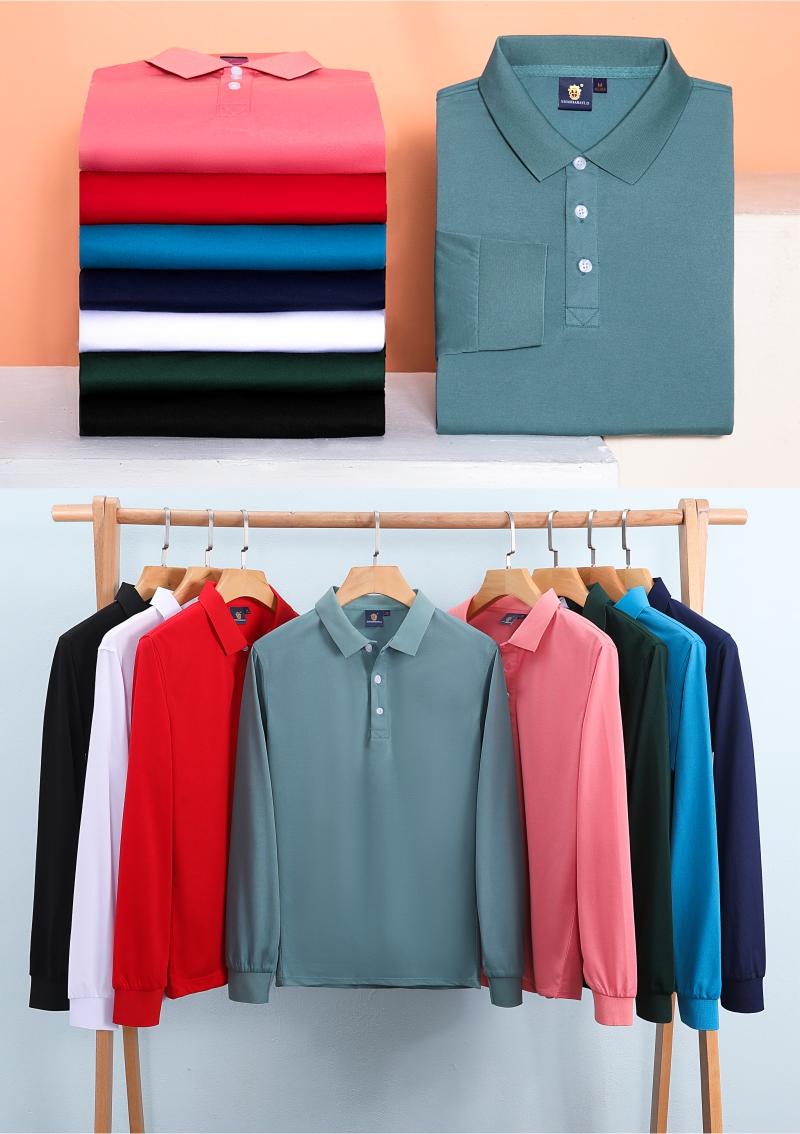 0505# solid color long sleeve lapel polo shirt 200g cotton