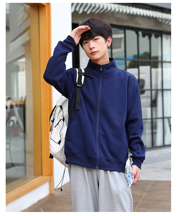 310g Tencel cotton thin solid color stand collar zipper sweatshirt W02-736