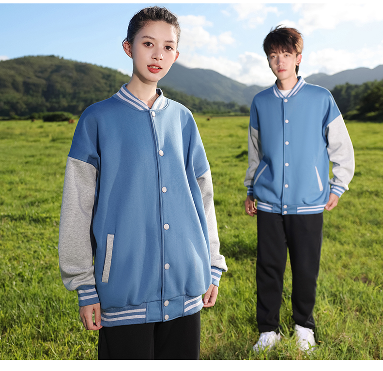 Sea Island Fleece Cotton Colorblock Large Drop Shoulder Thick Button Baseball Jacket H09-8388