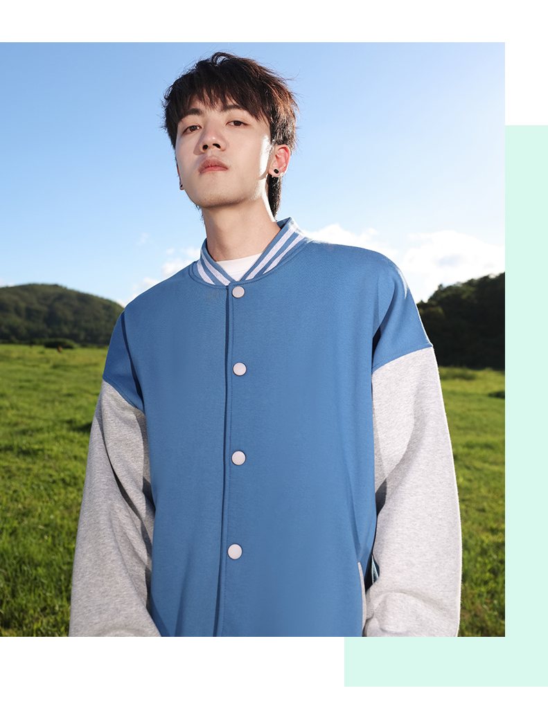 Sea Island Fleece Cotton Colorblock Large Drop Shoulder Thick Button Baseball Jacket H09-8388