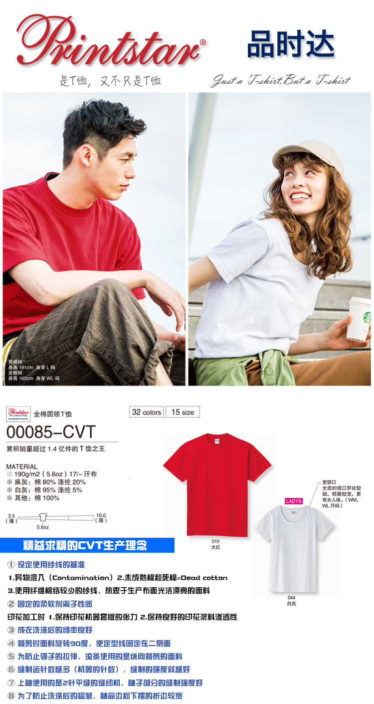 Pinshida 190g 17 count cotton round neck T-shirt imported from Japan (no independent packaging) CF 00085-CVT men