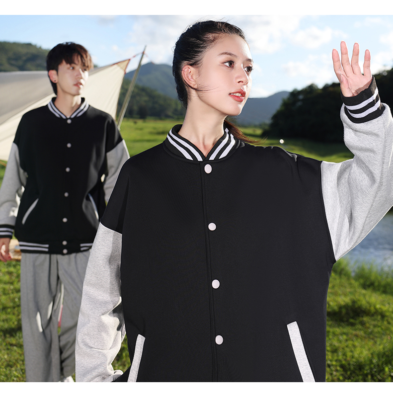 Sea Island Fleece Cotton Colorblock Large Drop Shoulder Thick Button Baseball Jacket H09-8388