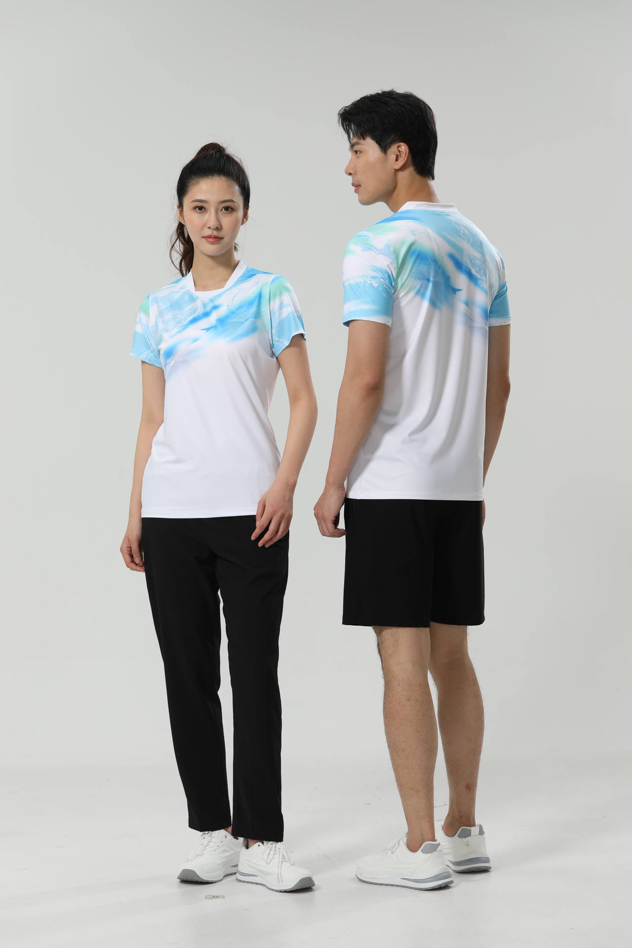 Moisture wicking quick-drying high-elastic fabric printed round neck short sleeves 110-1846