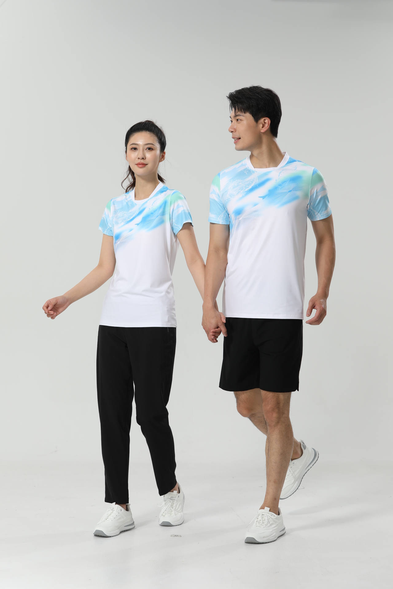 Moisture wicking quick-drying high-elastic fabric printed round neck short sleeves 110-1846