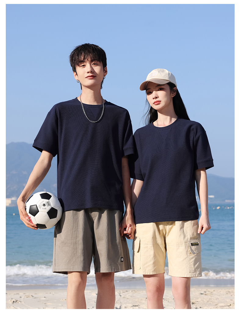 Waffle basic solid color round neck short sleeve T-shirt H17-607