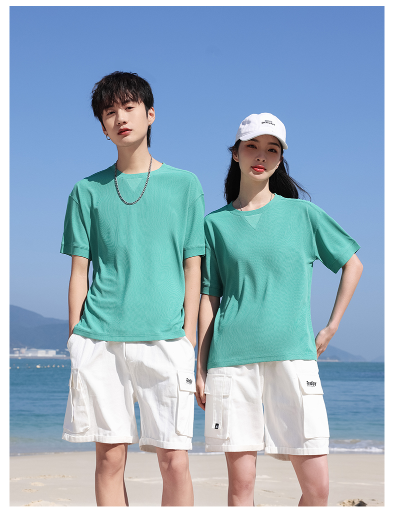 Waffle basic solid color round neck short sleeve T-shirt H17-607