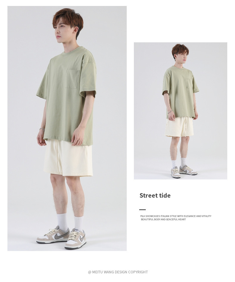 245g heavyweight street oversize trendy brand pocket round neck short-sleeved T-shirt W13-T037