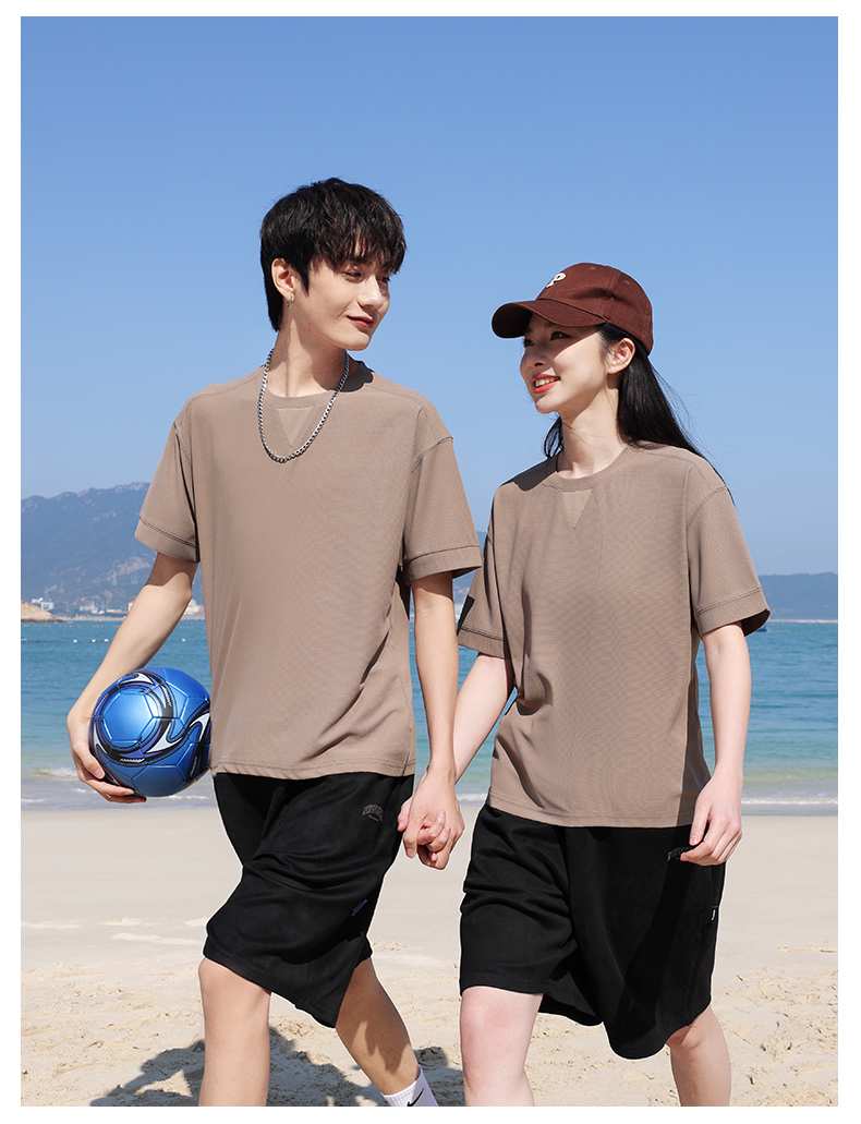 Waffle basic solid color round neck short sleeve T-shirt H17-607