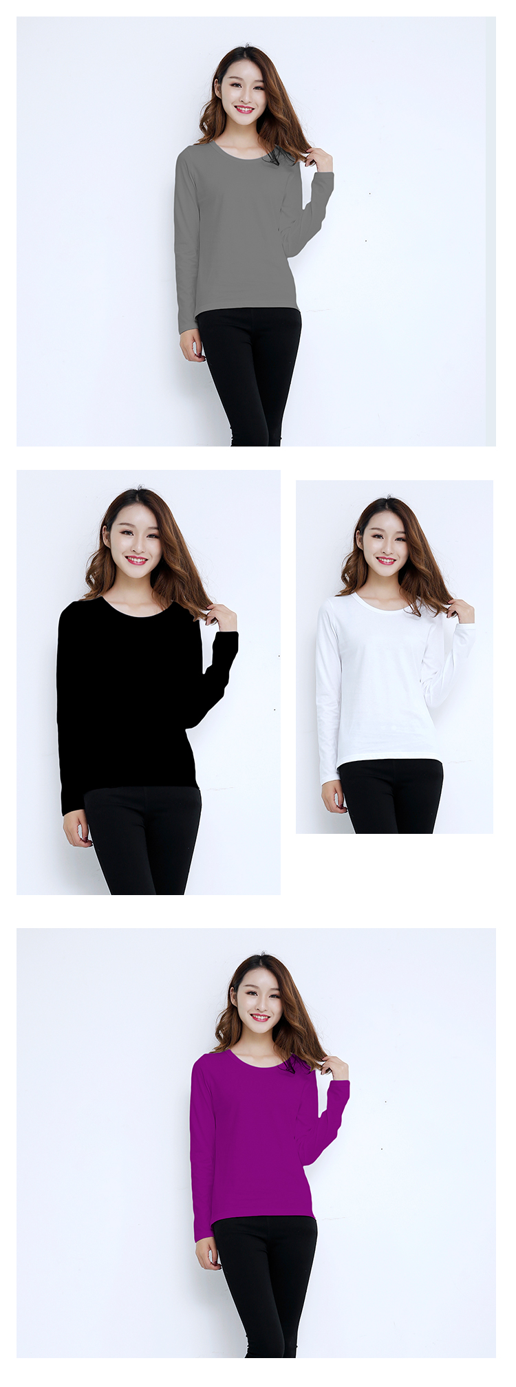 Combed cotton solid color round neck long sleeve T-shirt female SR-010 female