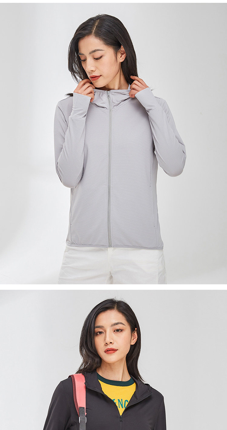 Solid color hooded zipper knitted sun protection shirt KL-2099 female