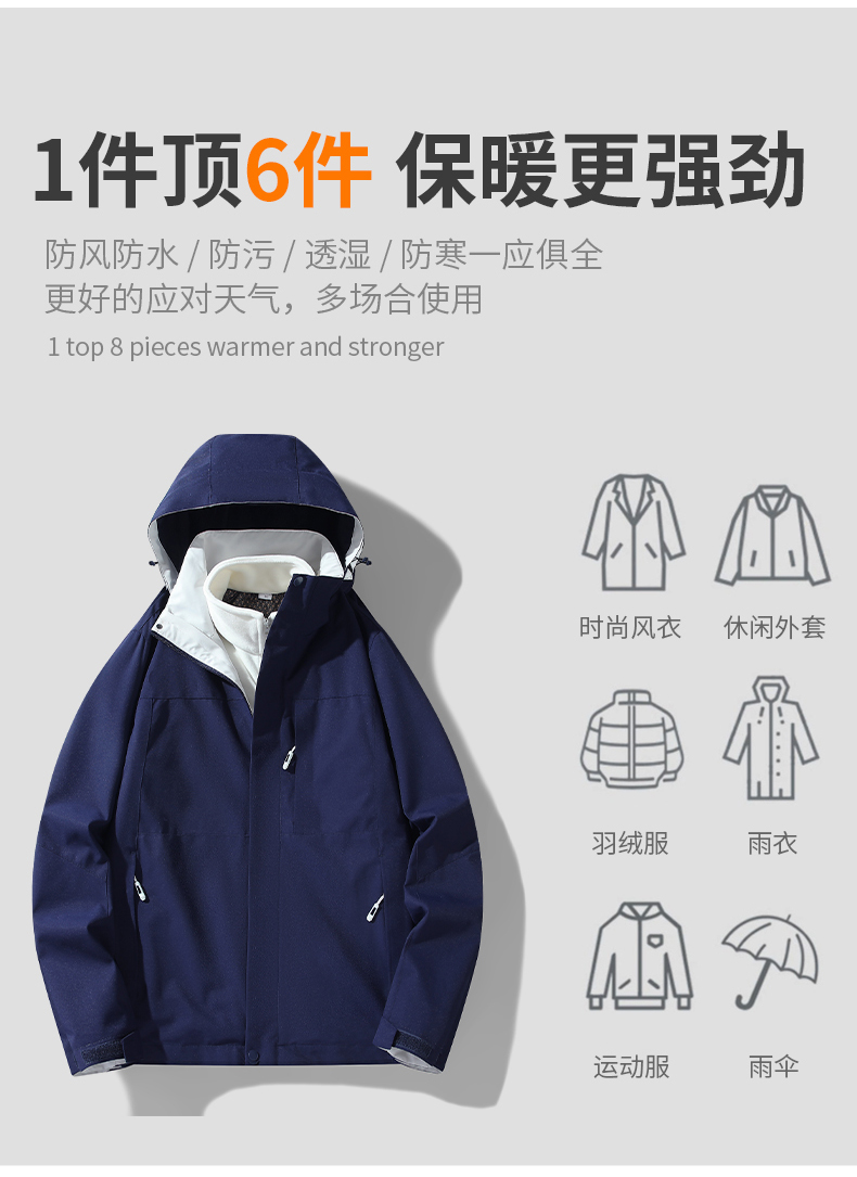 Outdoor color matching mink fleece lining detachable hood waterproof and windproof three-in-one assault jacket for men and women KD-618S