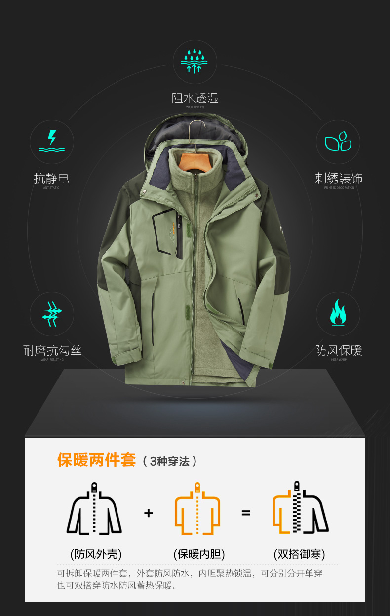 Windproof and waterproof detachable outdoor mountaineering clothing three-in-one assault jacket for women KF-20207