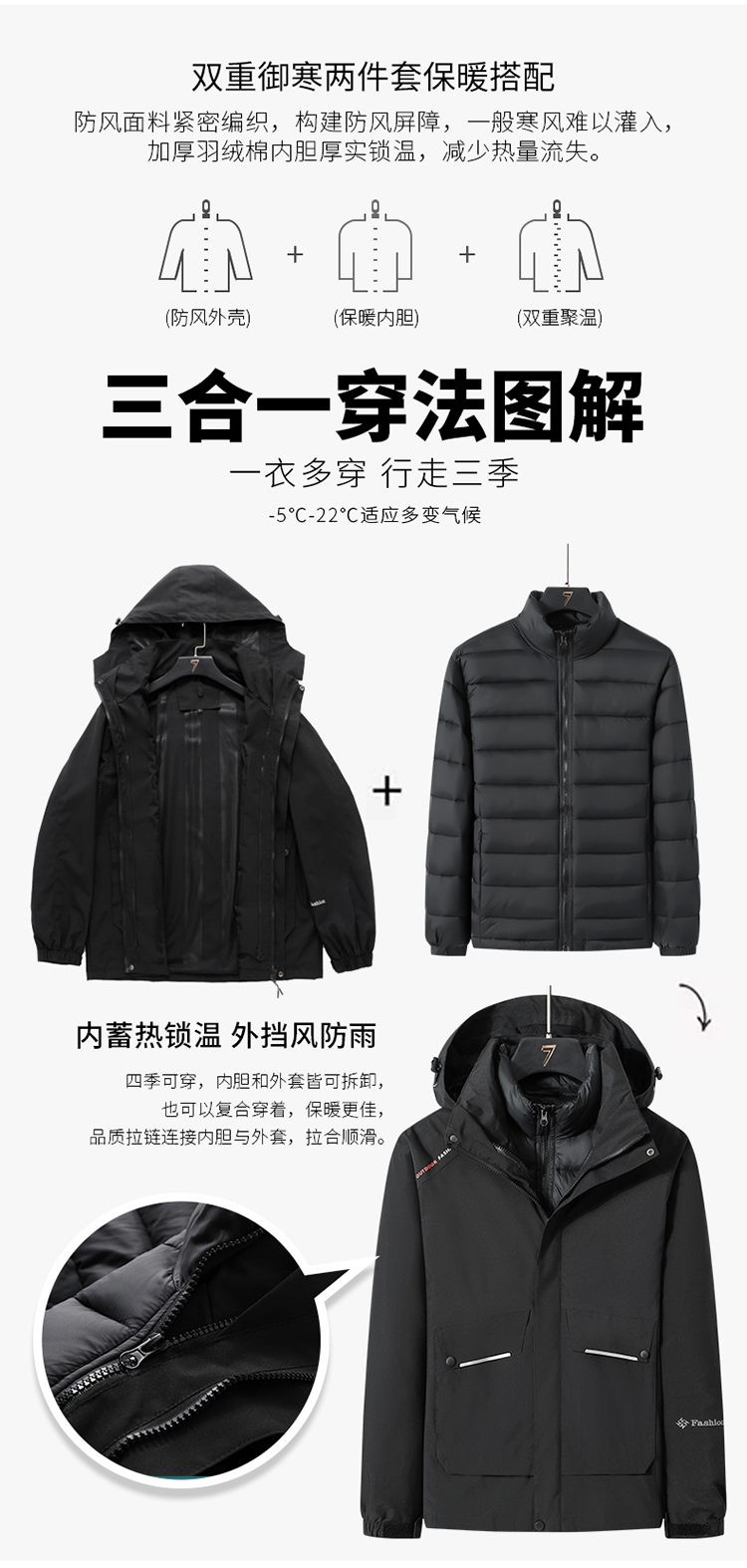 Warm and thickened two-piece three-in-one down cotton liner jacket for men KE-6966