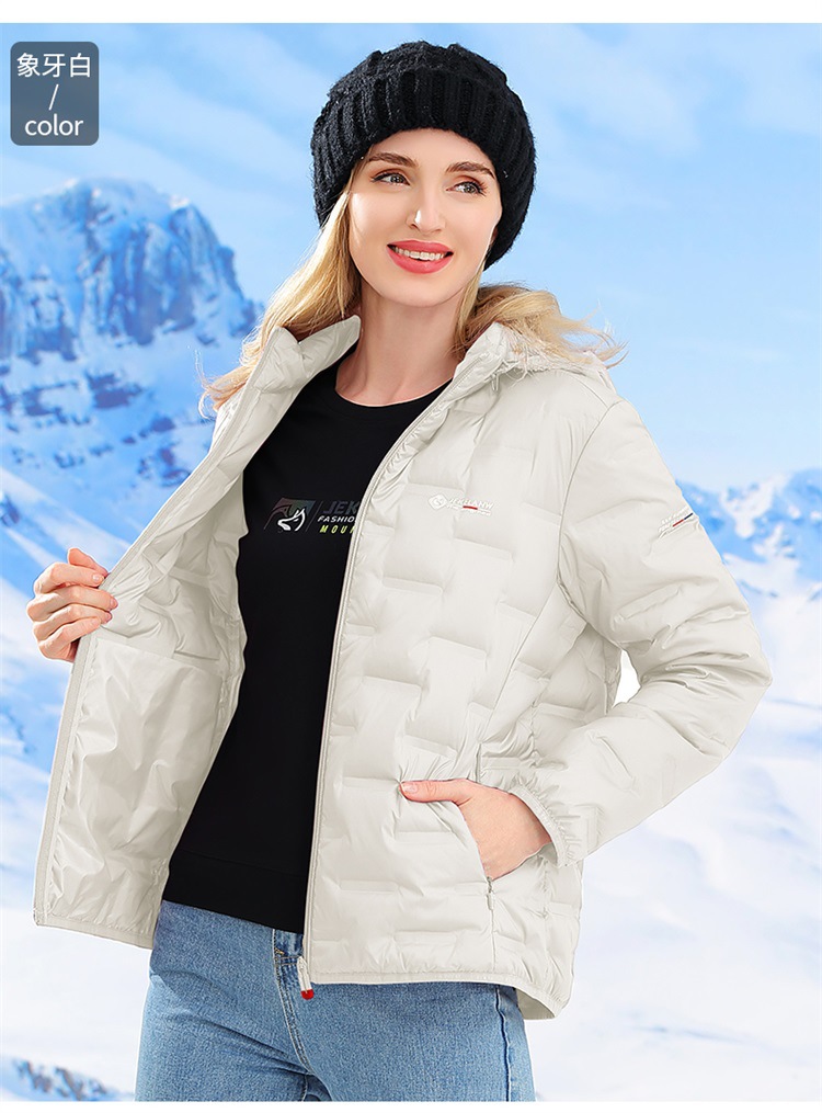 White duck down light hooded down jacket for women KP1-98578