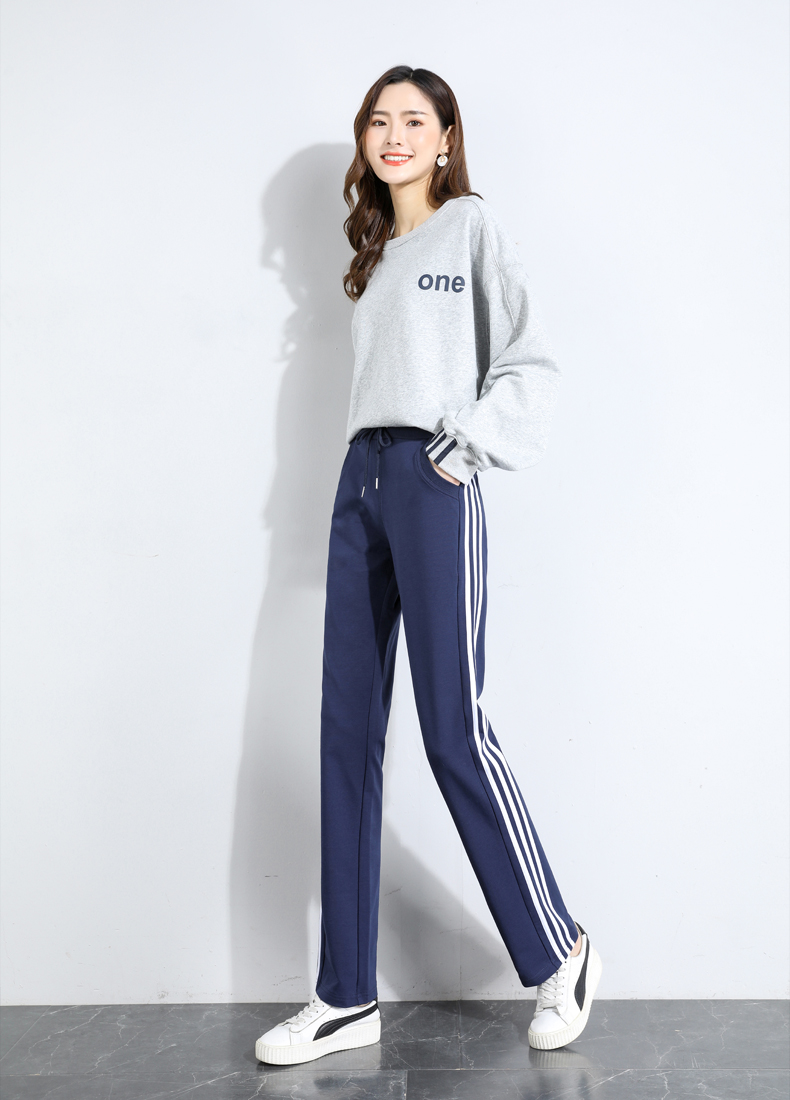 Straight side stripes thin loose sports casual trousers for summer women G32-XZ1014