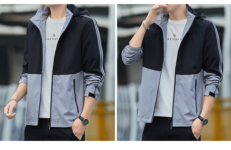 Thin color matching hooded casual men jacket KR-2623