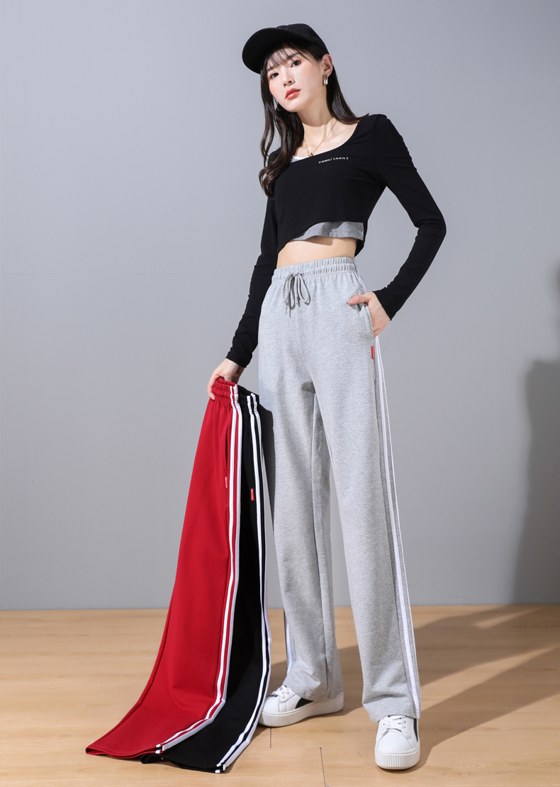 High waist loose side stripes spring and autumn sports casual trousers for women G32-0723