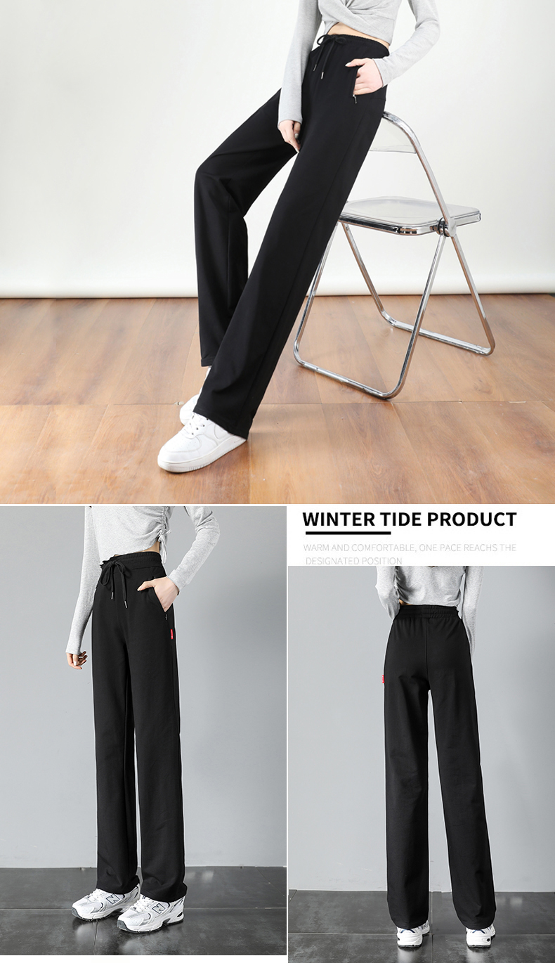 Zipper pocket sports loose solid color drawstring elastic straight trousers G32-XZK113