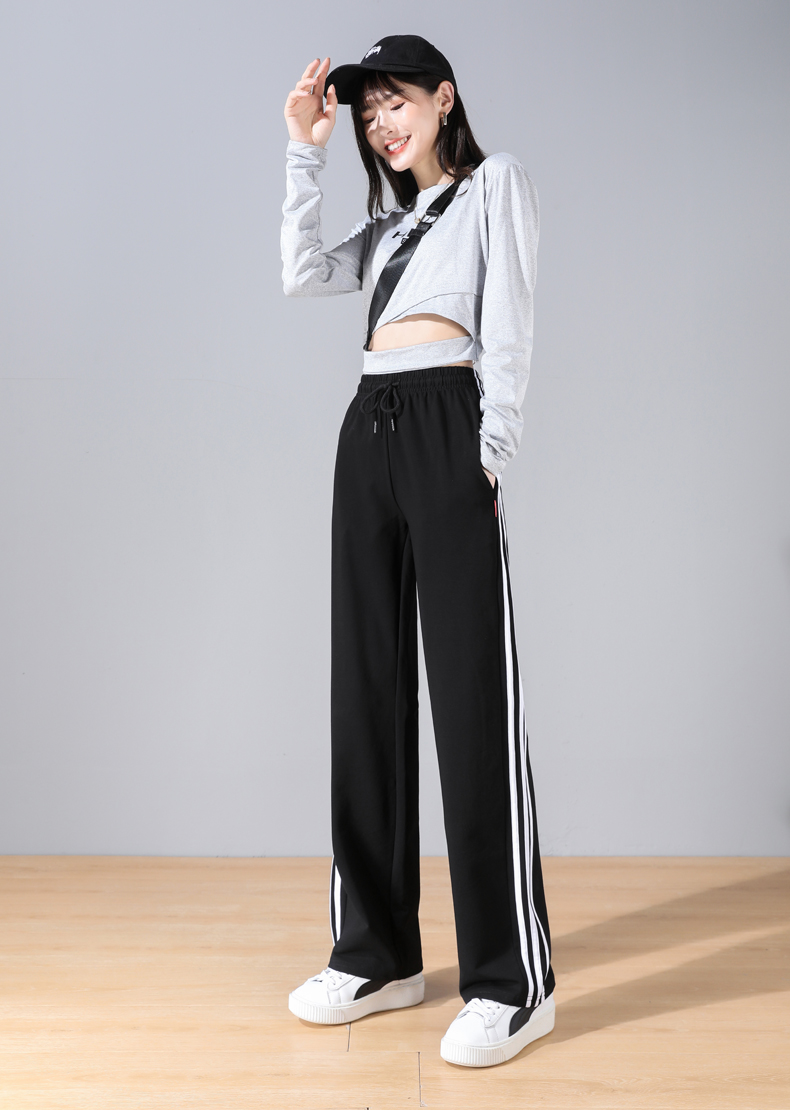 High waist loose side stripes spring and autumn sports casual trousers for women G32-0723