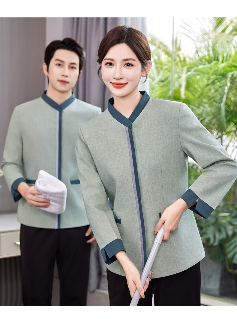 Hotel cleaning work clothes with contrasting placket and three-quarter sleeves H31-BJ06