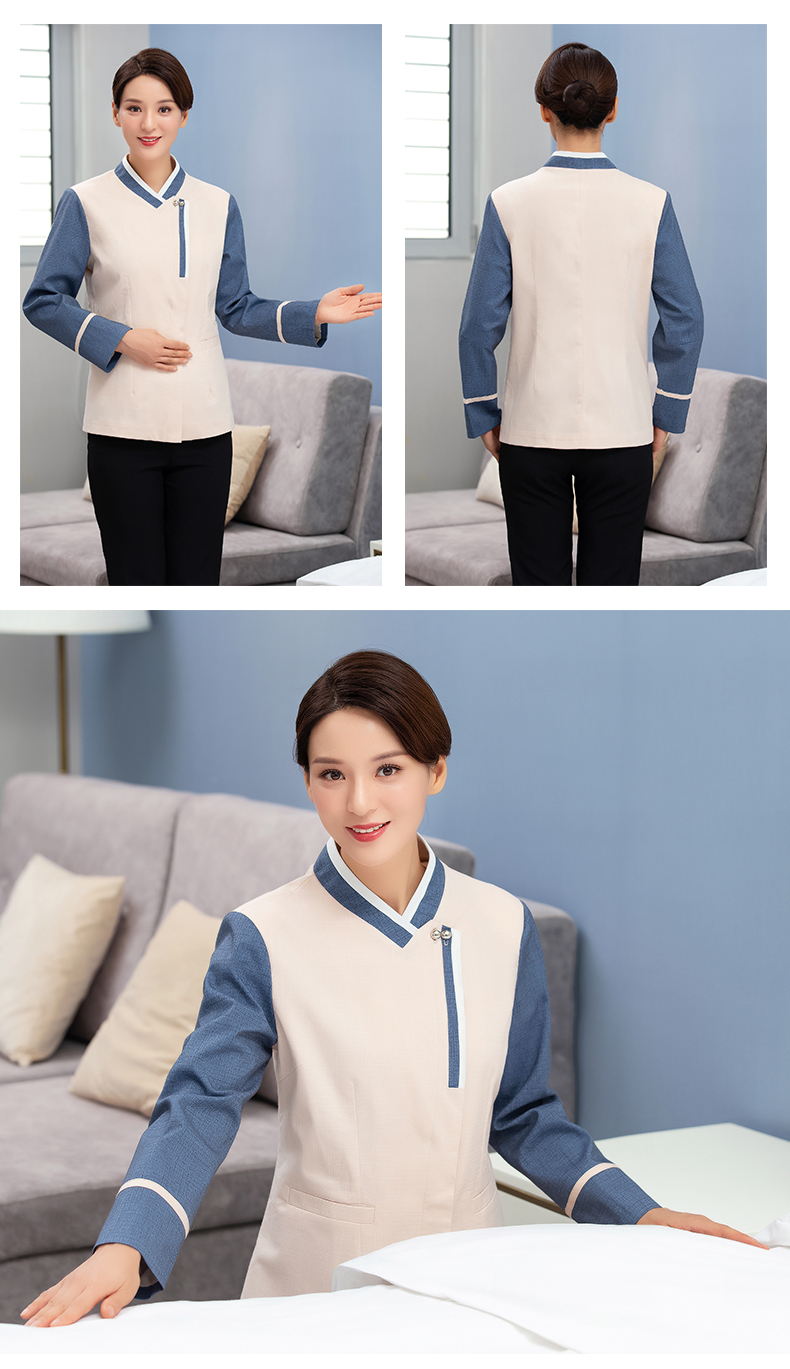 Double button Chinese style color stand collar hotel long sleeve cleaning work clothes female tops H27-084 female